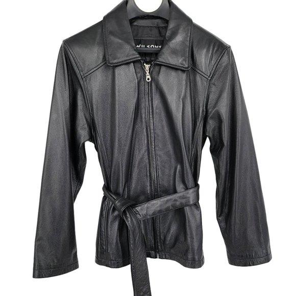 Vintage Wilson Leather Jacket Small Soft Black Zip Belted Lined Collar Pocket‎